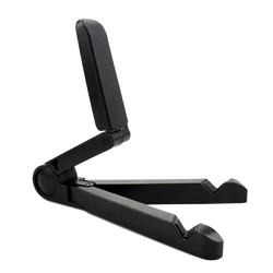Black adjustable foldable tablet stand for desk with sleek minimalist design and smooth plastic finish