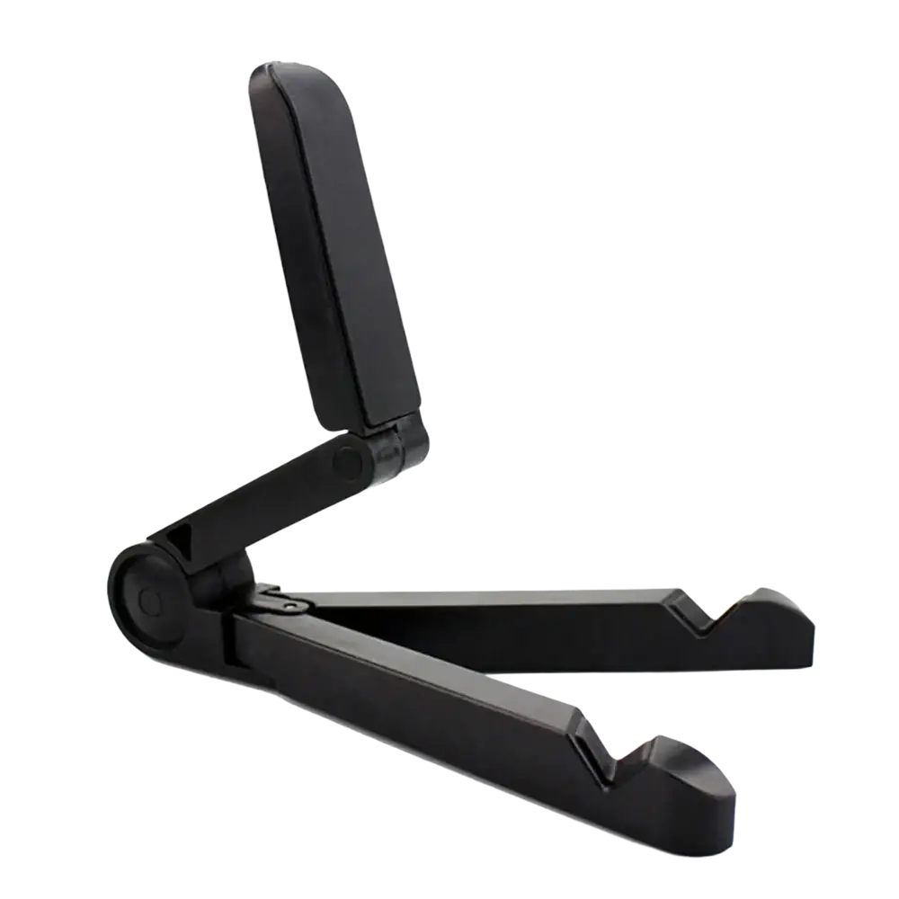 Black adjustable foldable tablet stand for desk with sleek minimalist design and smooth plastic finish