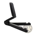 Black adjustable foldable tablet stand for desk with sleek minimalist design and smooth plastic finish