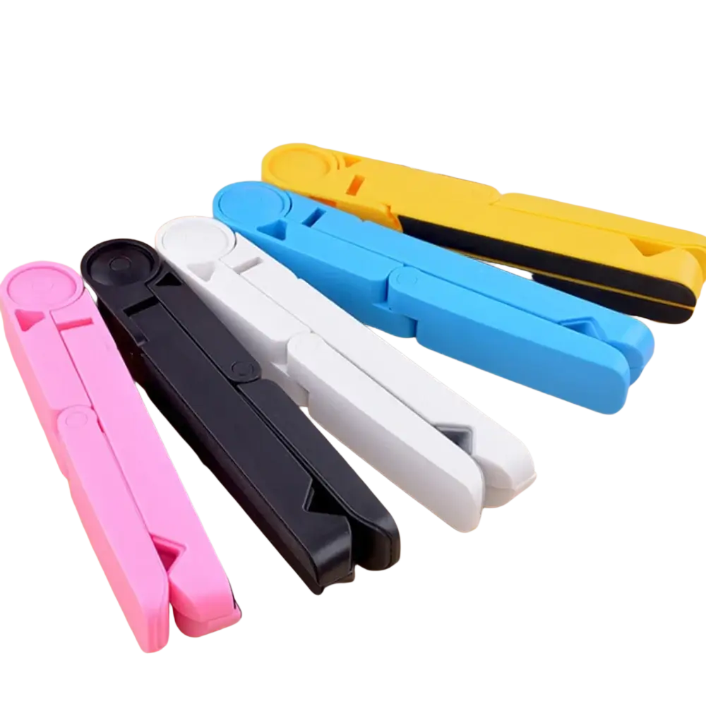Adjustable foldable tablet stands made of colorful plastic in pink black white blue and yellow for desk use
