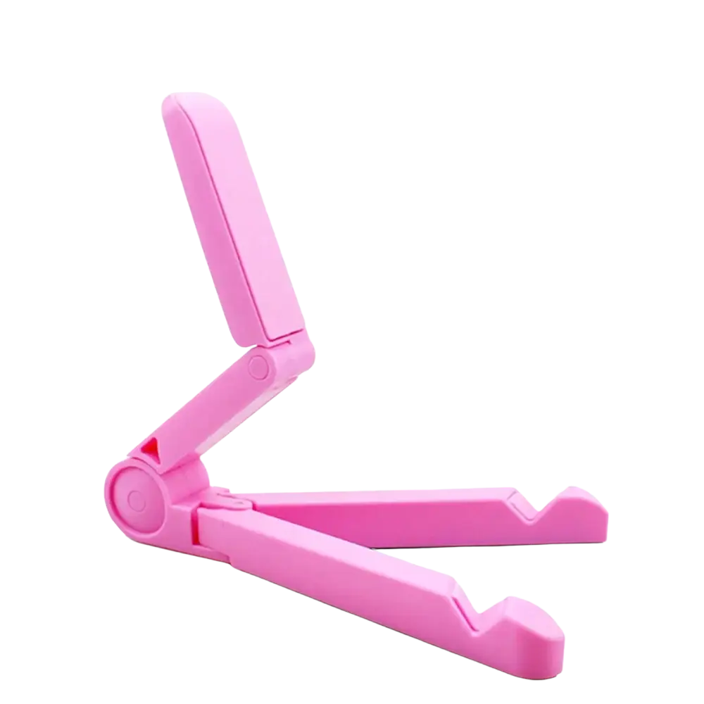 Adjustable foldable pink plastic phone stand designed for desk use with a compact and portable design