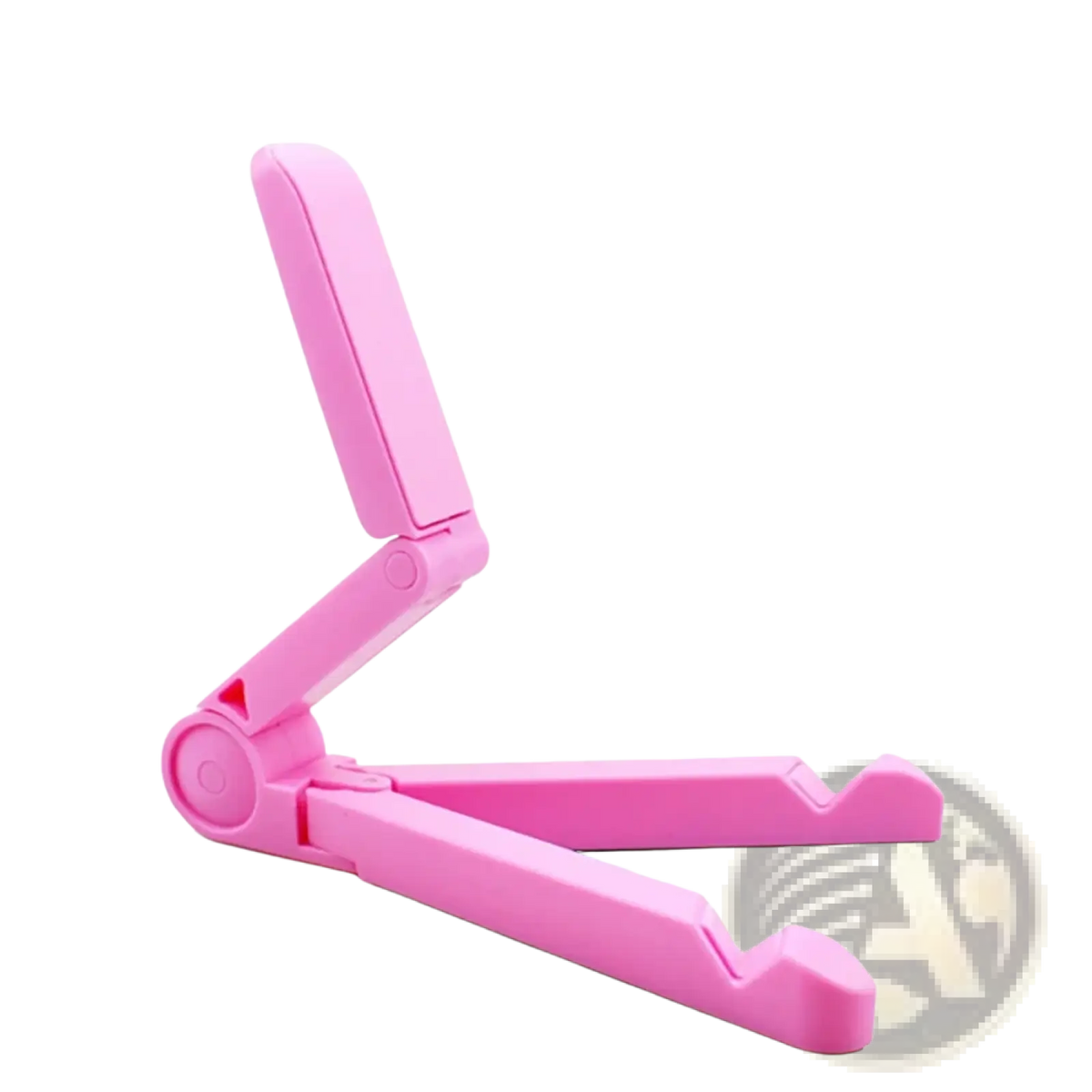Adjustable foldable pink plastic phone stand designed for desk use with a compact and portable design