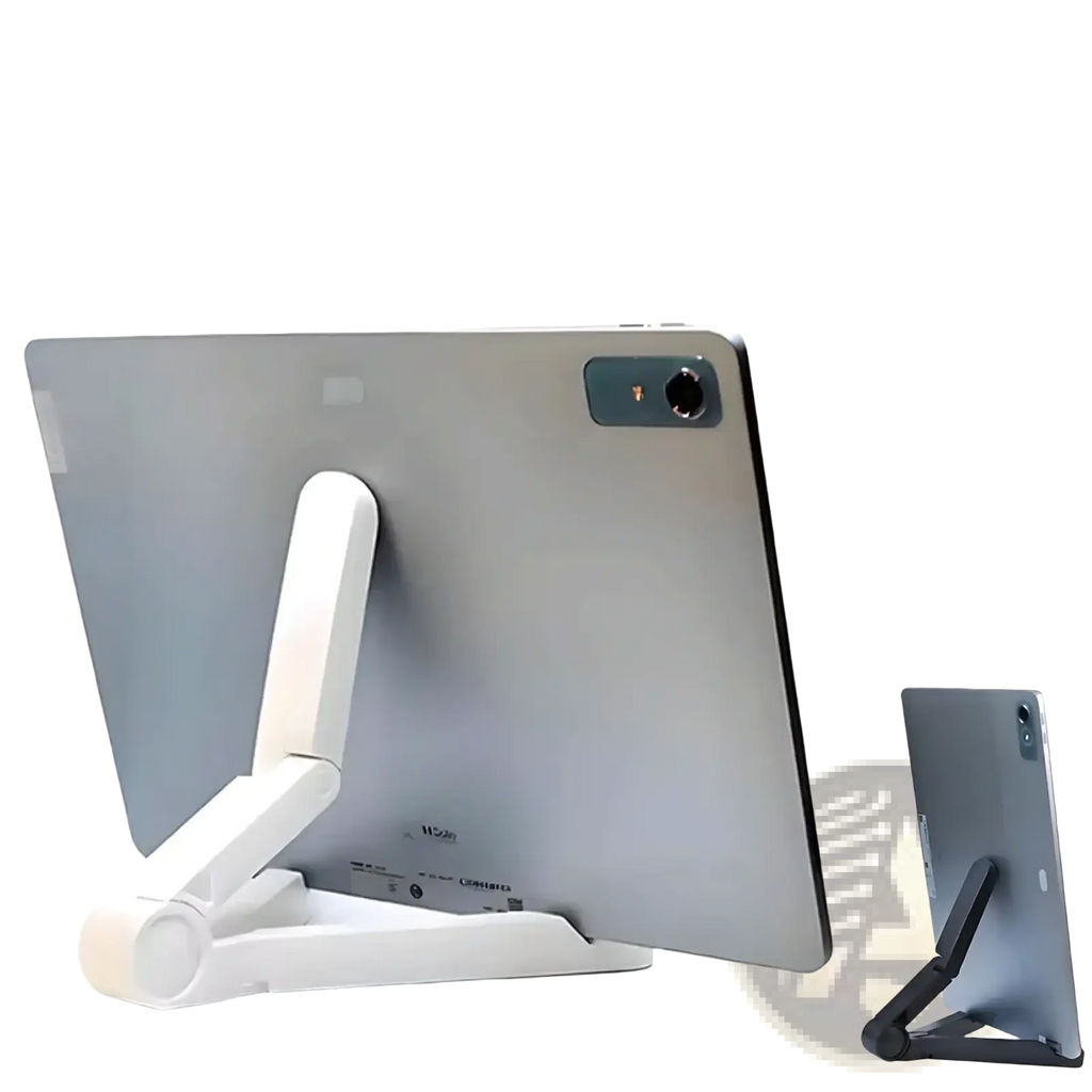 White plastic adjustable foldable stand for 4 to 11 inch phones or tablets for desk use