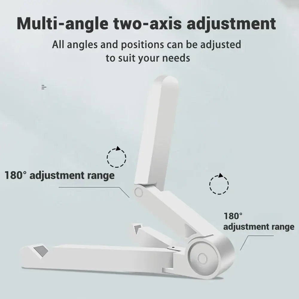 White plastic adjustable foldable tablet stand with multi-angle two-axis adjustment for versatile desk use