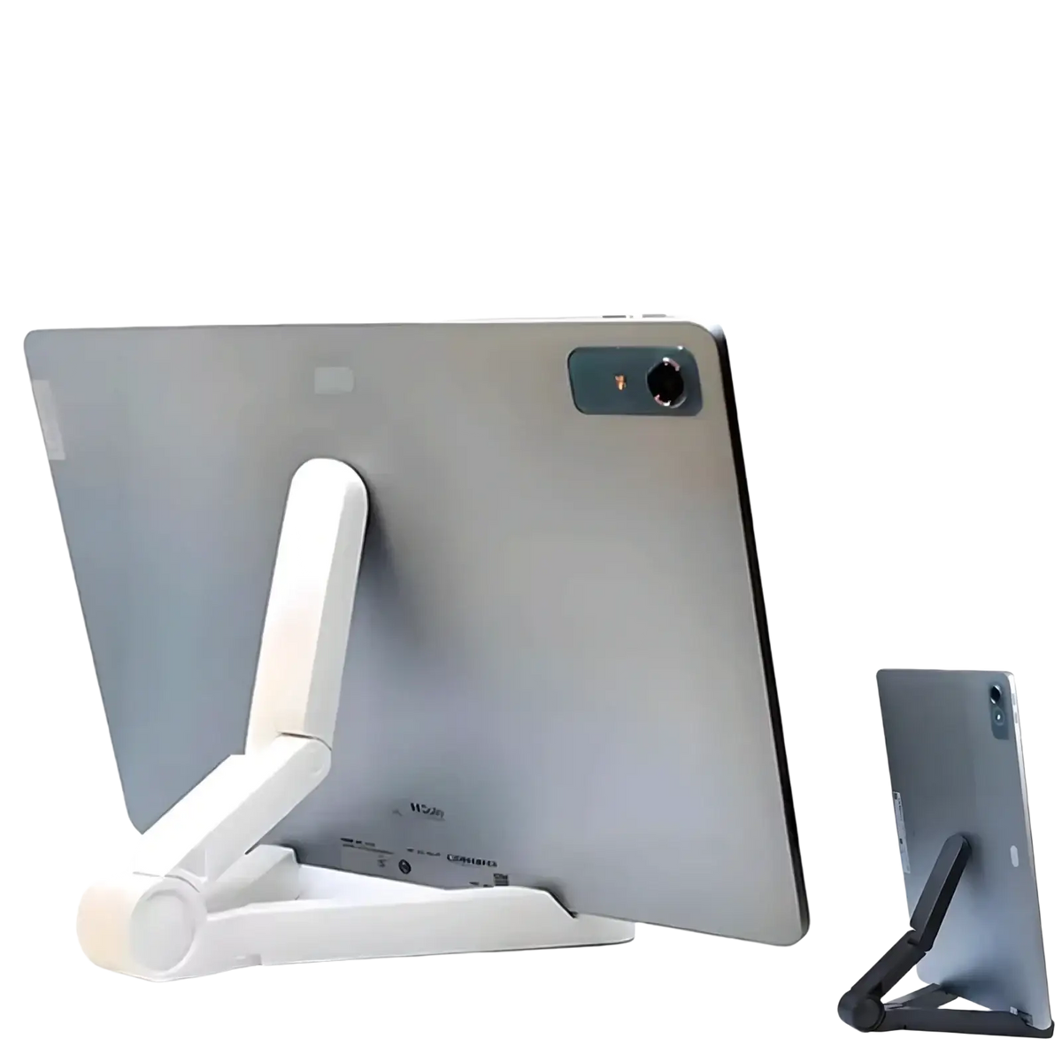 White plastic adjustable foldable stand for 4 to 11 inch phones or tablets for desk use