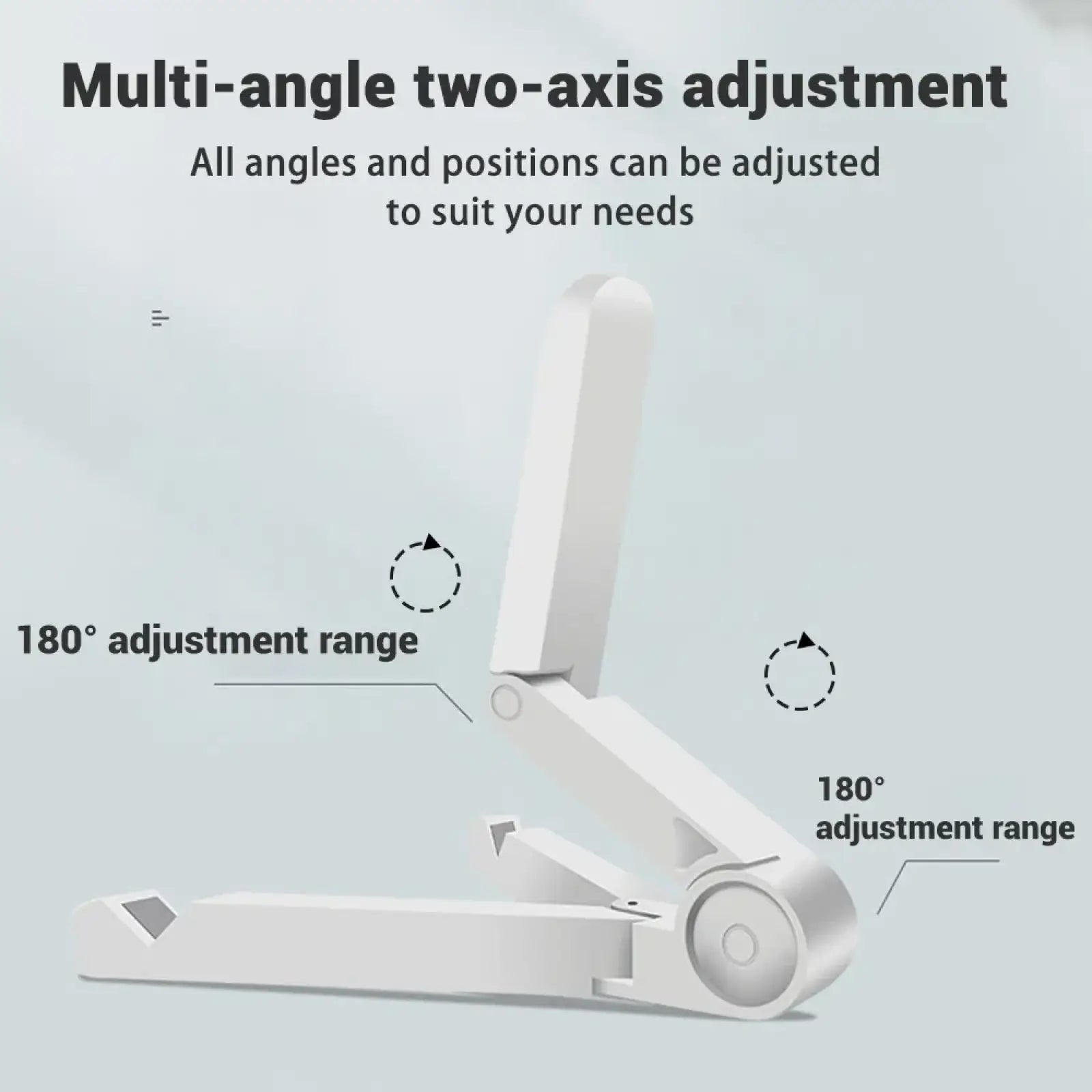 White plastic adjustable foldable tablet stand with multi-angle two-axis adjustment for versatile desk use