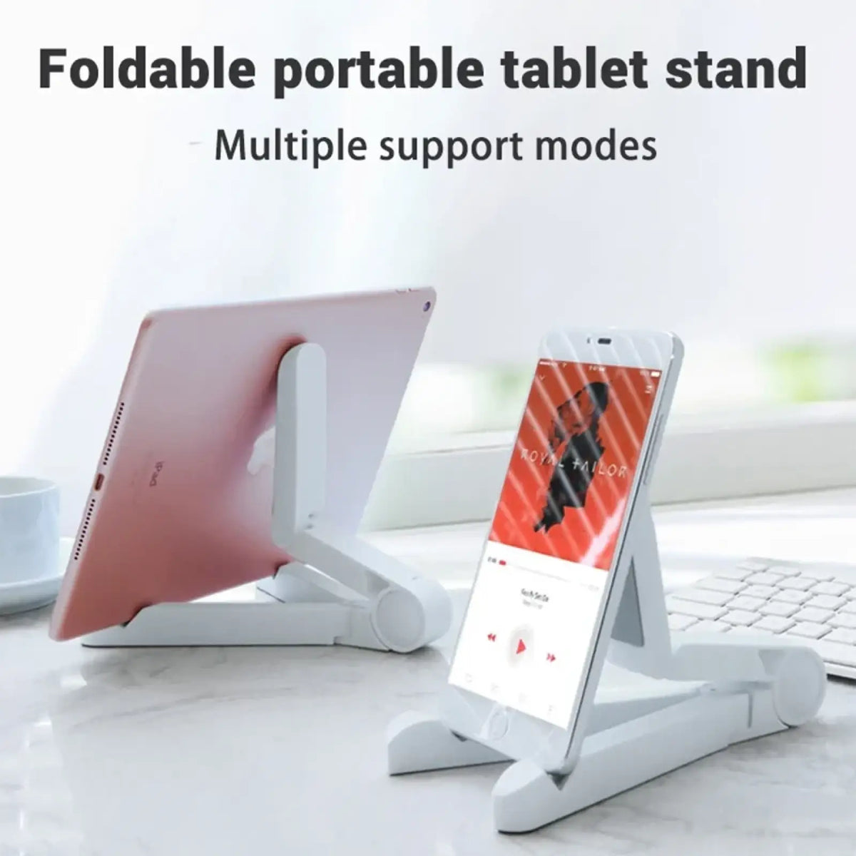 Adjustable white foldable portable tablet stand with multiple support modes for desk use