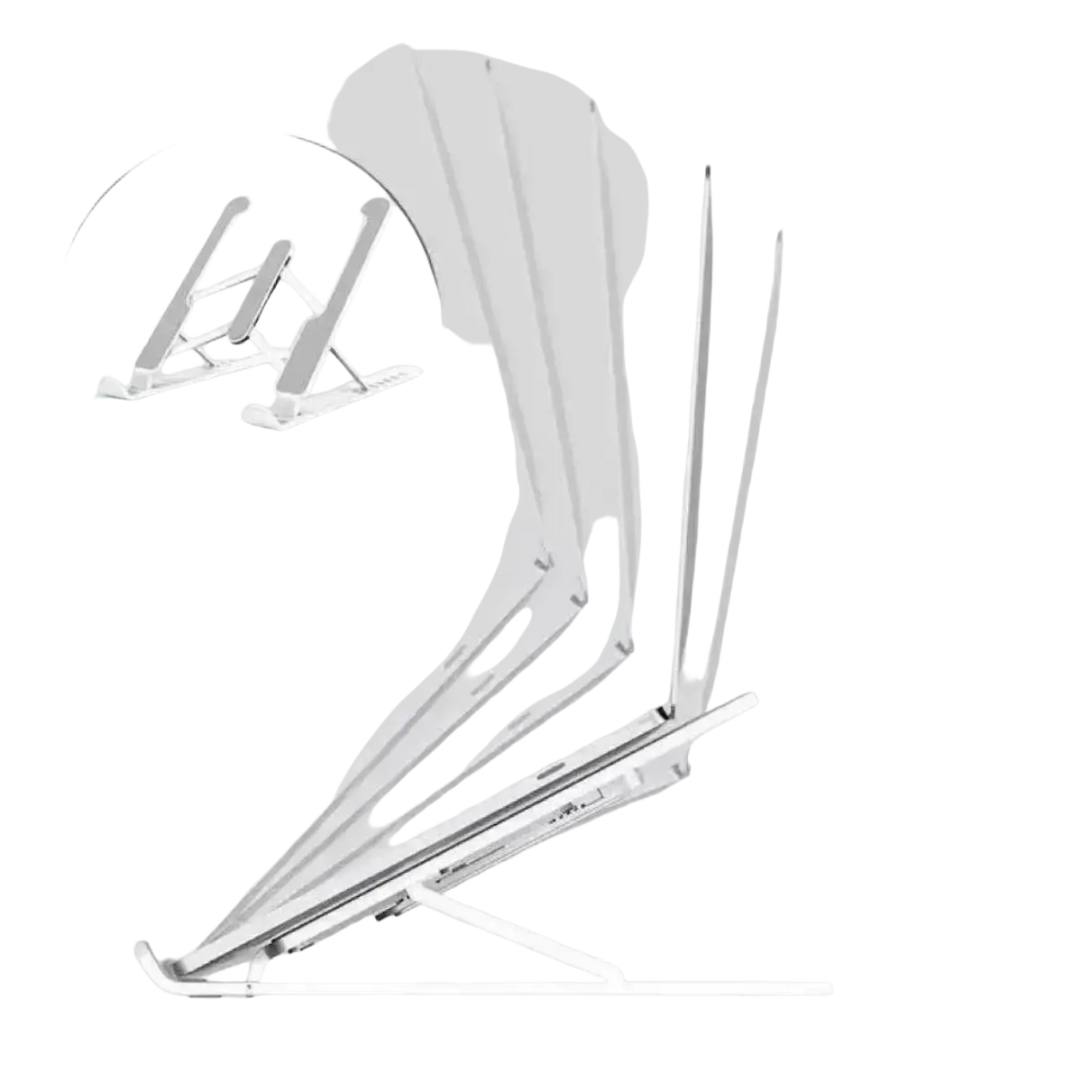 Adjustable foldable white laptop stand with sleek minimalist design and metallic finish for ergonomic use