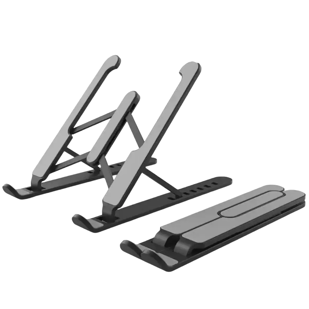 Adjustable foldable black and gray laptop stand with sleek minimalist design for ergonomic workspace setup
