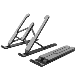 Adjustable foldable black and gray laptop stand with sleek minimalist design for ergonomic workspace setup