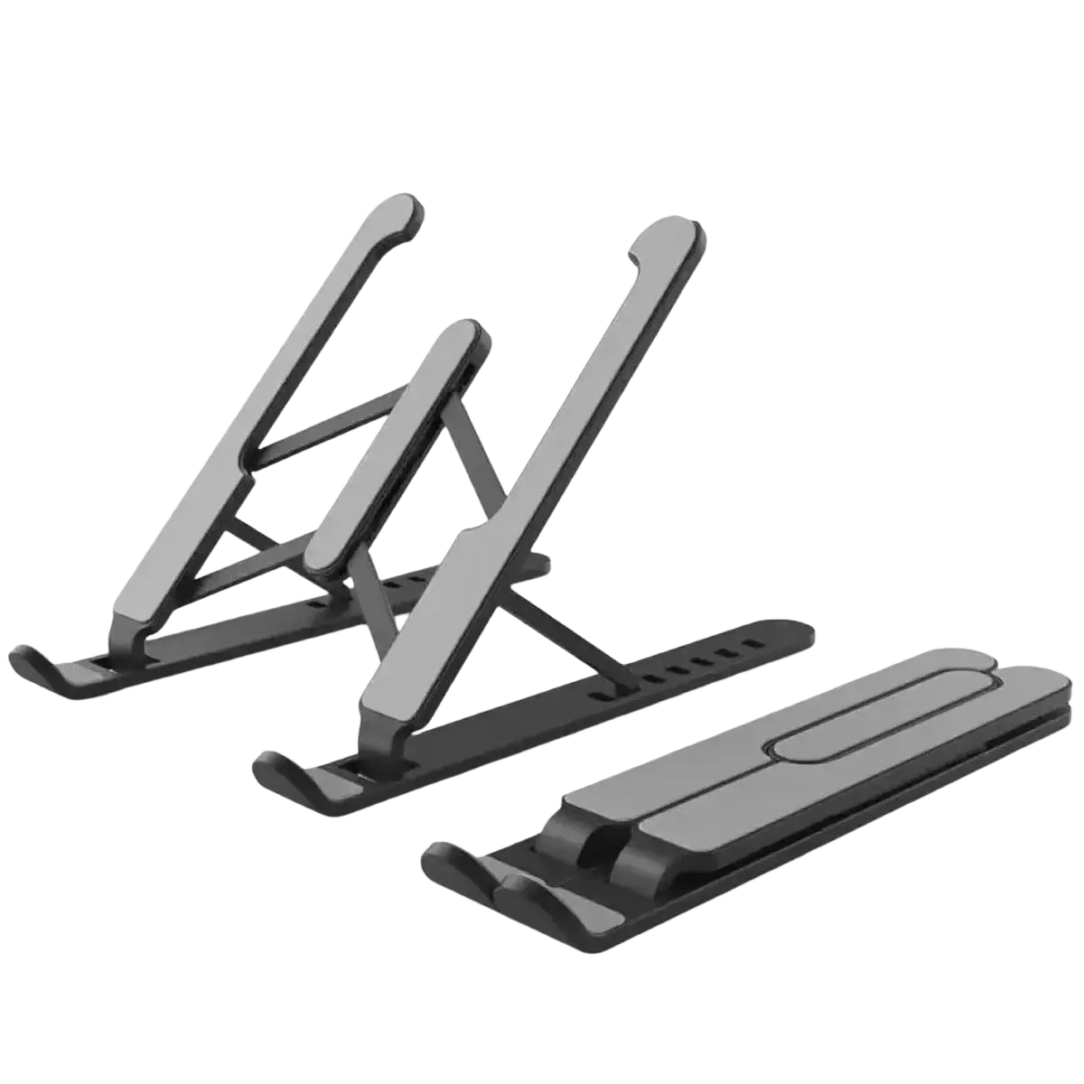 Adjustable foldable black and gray laptop stand with sleek minimalist design for ergonomic workspace setup