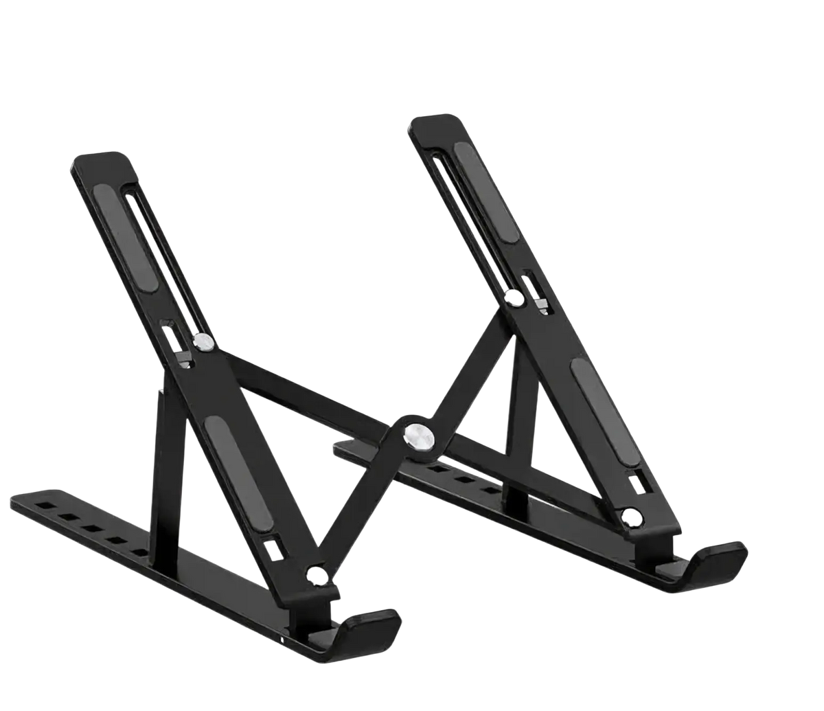 Black metal laptop stand with adjustable angles and minimalist design shown from the back side