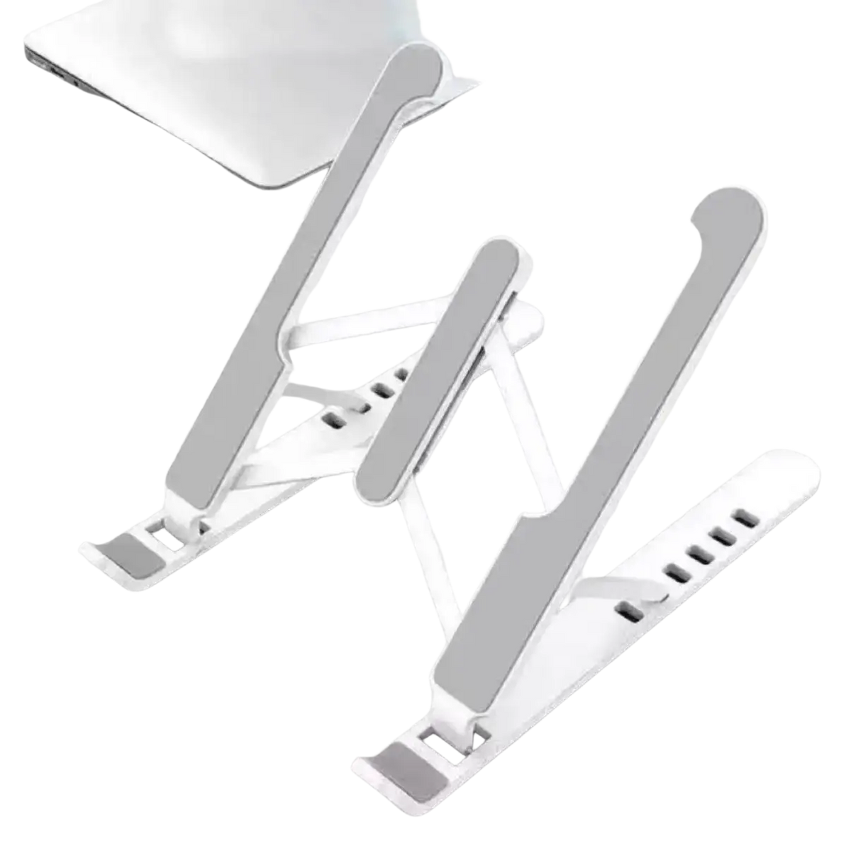 Adjustable foldable white and silver laptop stand with sleek minimalist design for ergonomic workspace setup