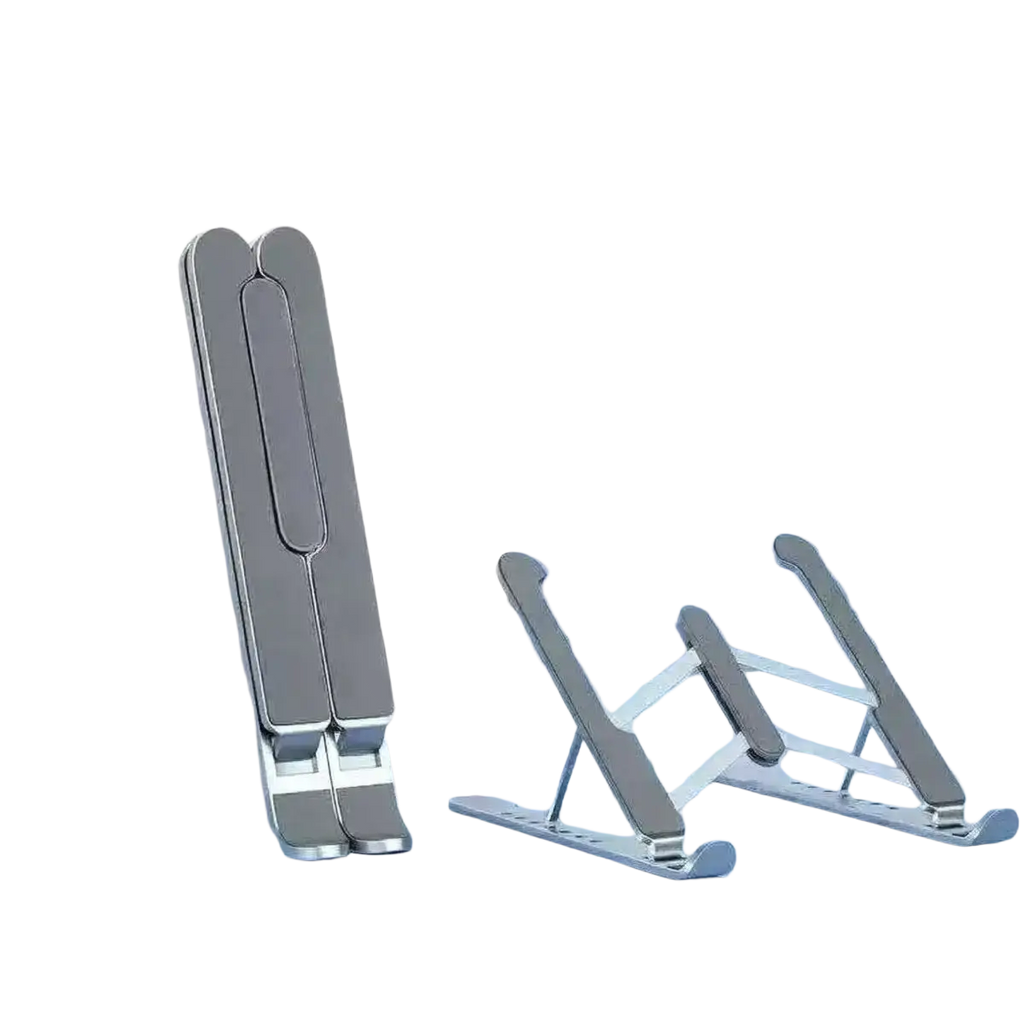 Adjustable foldable white laptop stand made of silver metallic material with sleek minimalist design and foldable legs