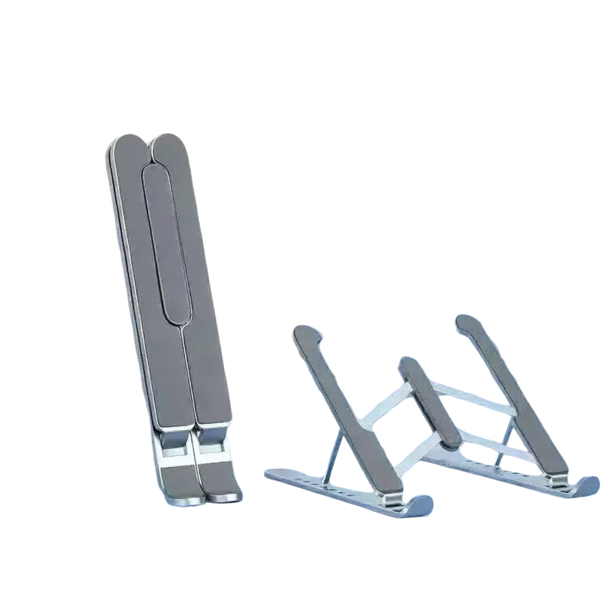 Adjustable foldable white laptop stand made of silver metallic material with sleek minimalist design and foldable legs