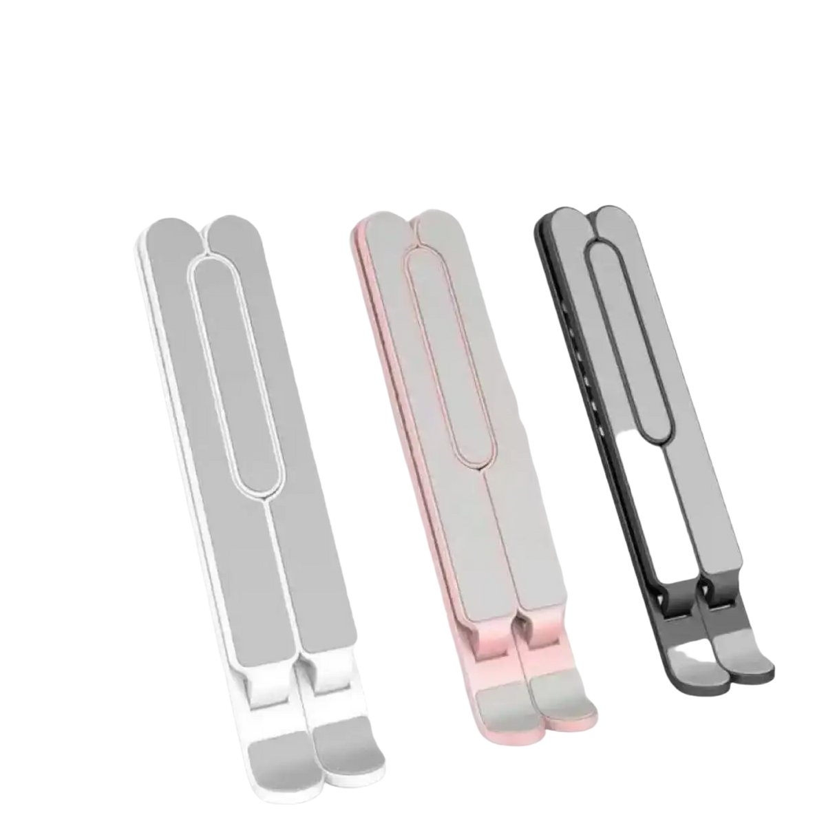 Adjustable foldable laptop stands in white pink and black designed for slim portable use