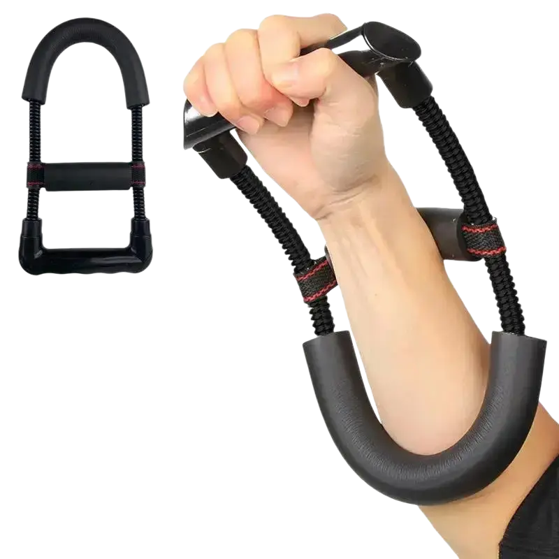 Black adjustable forearm strength trainer with textured rubber handles and electroplated carbon steel spring for fitness training