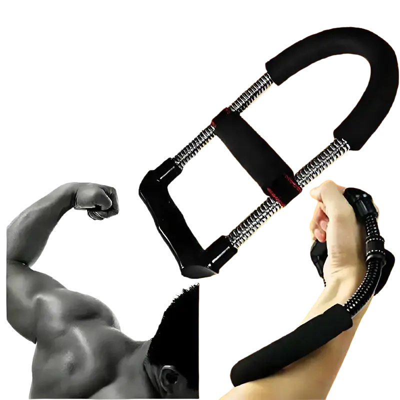 Adjustable forearm strength trainer with black textured rubber handles and electroplated carbon steel spring for fitness training