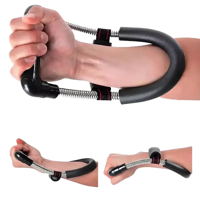 Black adjustable forearm strength trainer with padded handles and electroplated carbon steel spring for fitness training