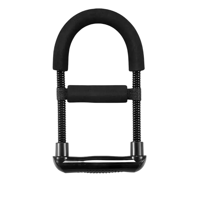 Adjustable forearm strength trainer with black rubber-coated handles and electroplated carbon steel spring for fitness training