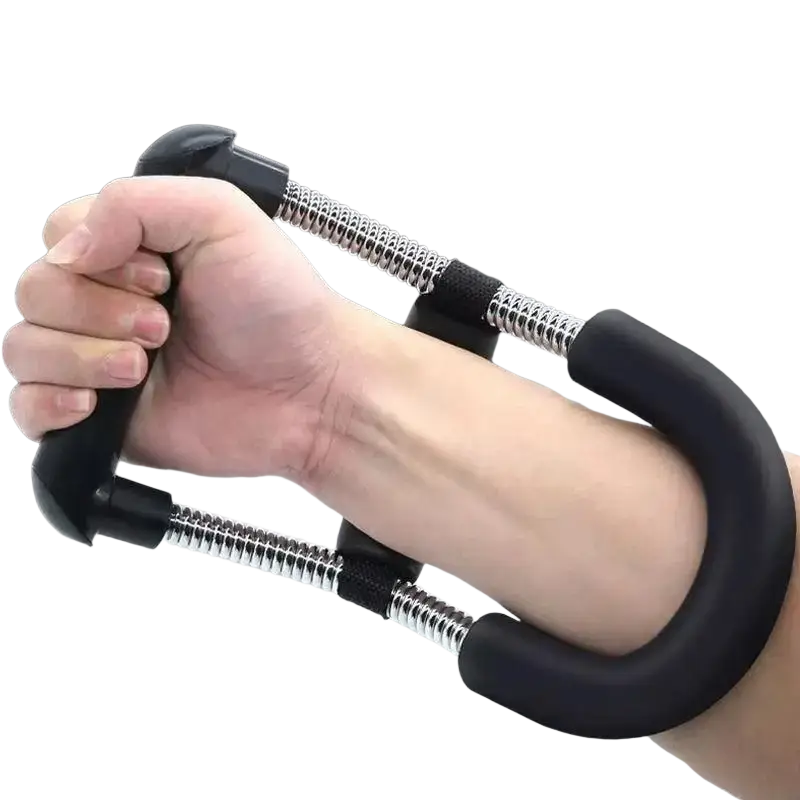 Adjustable forearm strength trainer in black and silver with rubber grips made of electroplated carbon steel for fitness training