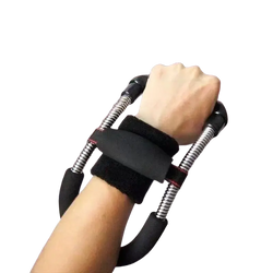Black adjustable forearm strength trainer with electroplated carbon steel spring handles and padded grip for fitness training