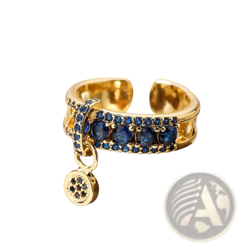 Adjustable geometric gold open ring with deep blue zircon crystals and a dangling circular charm with black stones