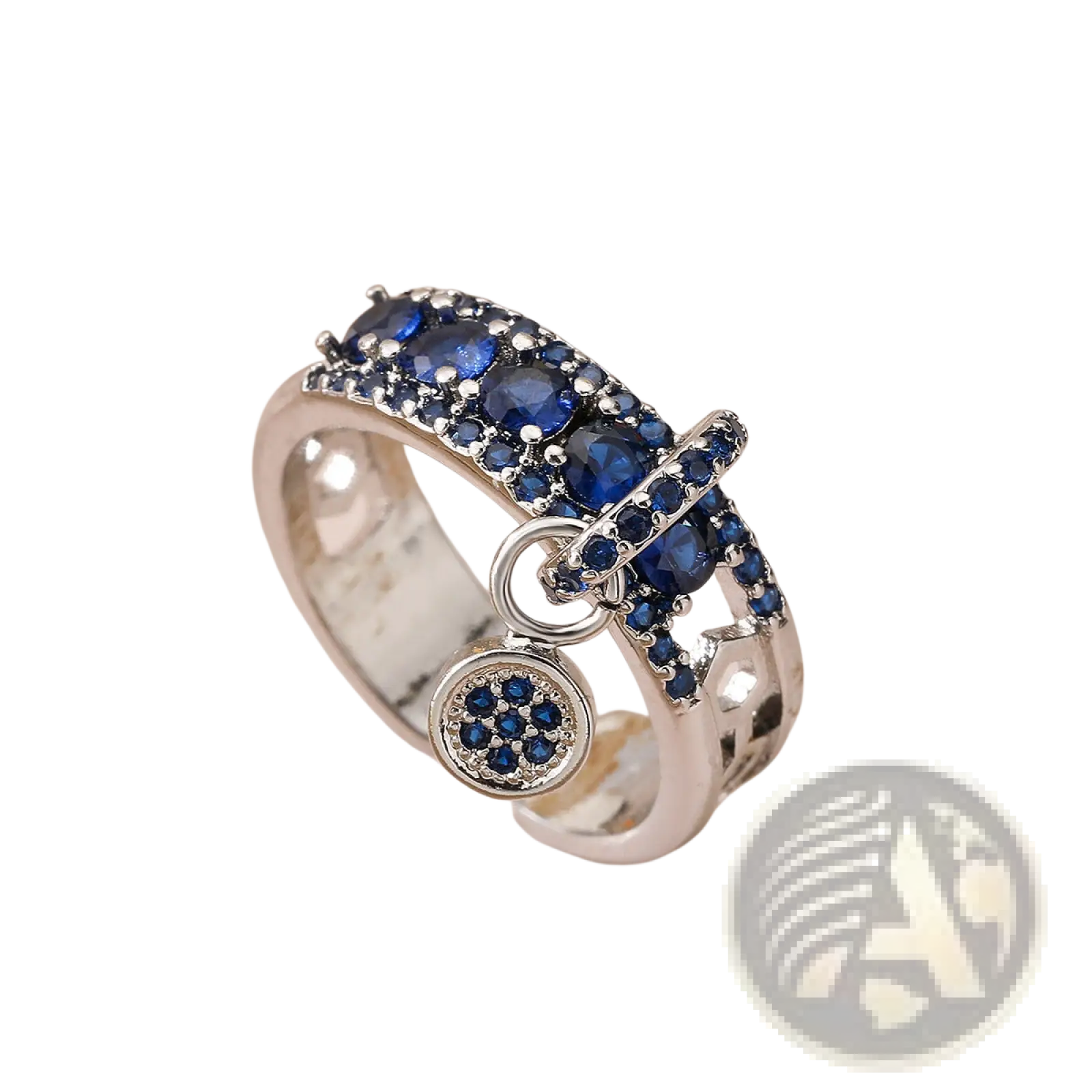 Silver adjustable geometric ring with vibrant blue zircon charms and a dangling circular charm in intricate design