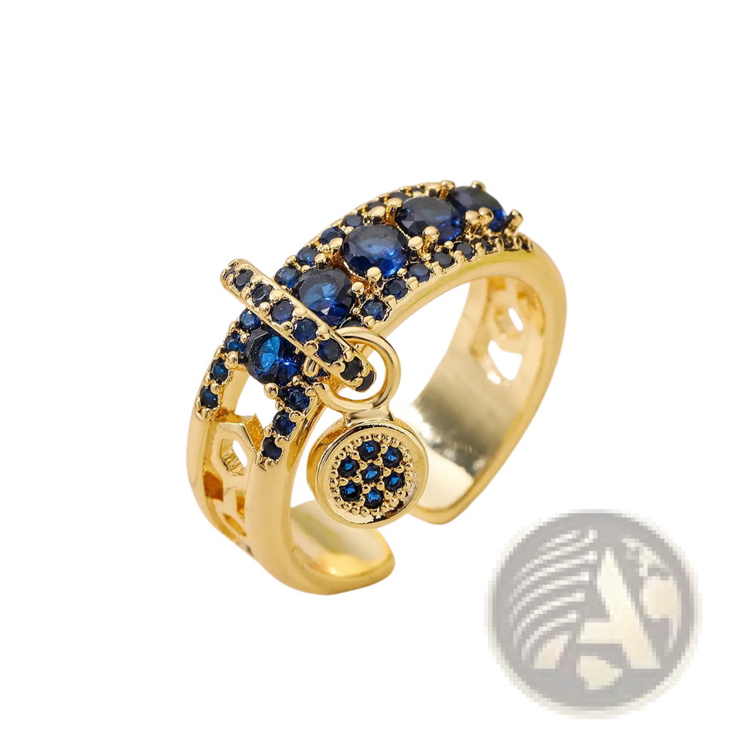 Adjustable geometric gold open ring featuring blue zircon charms and a dangling circular charm
