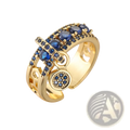 Adjustable geometric gold open ring with deep blue zircon gemstones and an ornate circular pendant charm