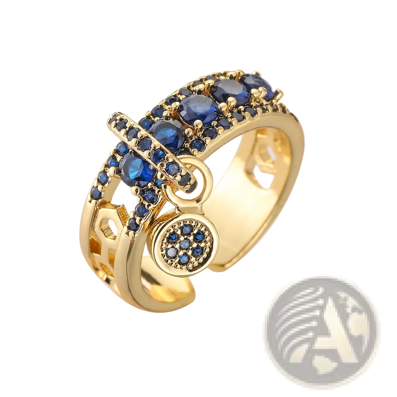 Adjustable geometric gold open ring with deep blue zircon gemstones and an ornate circular pendant charm