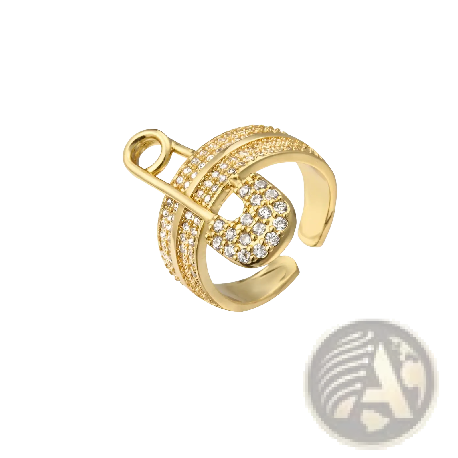 Adjustable gold safety pin ring featuring sparkling clear zircon crystals in a geometric design