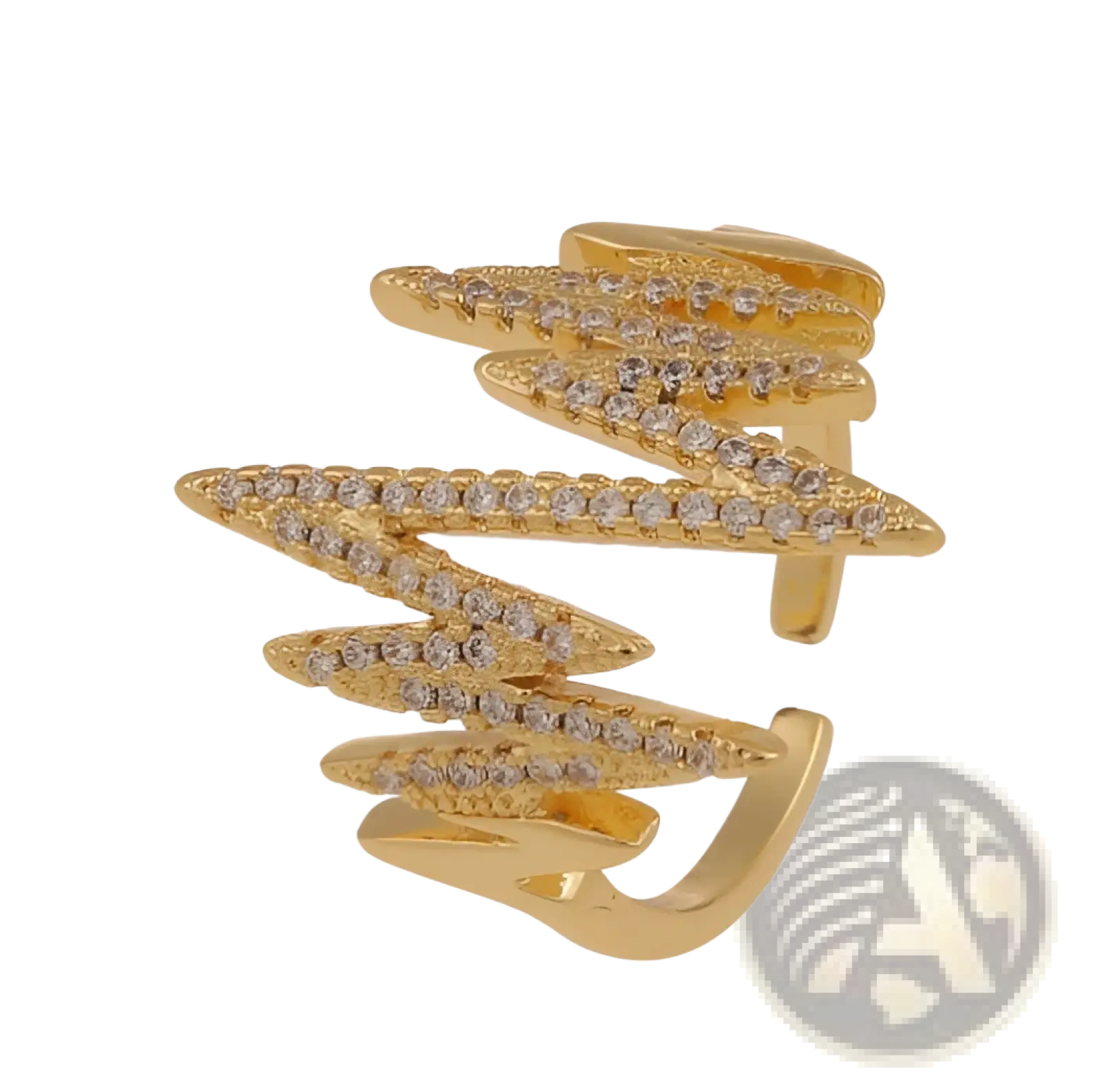 Adjustable gold safety pin zircon geometric ring with zigzag design and embedded clear crystals in gold color
