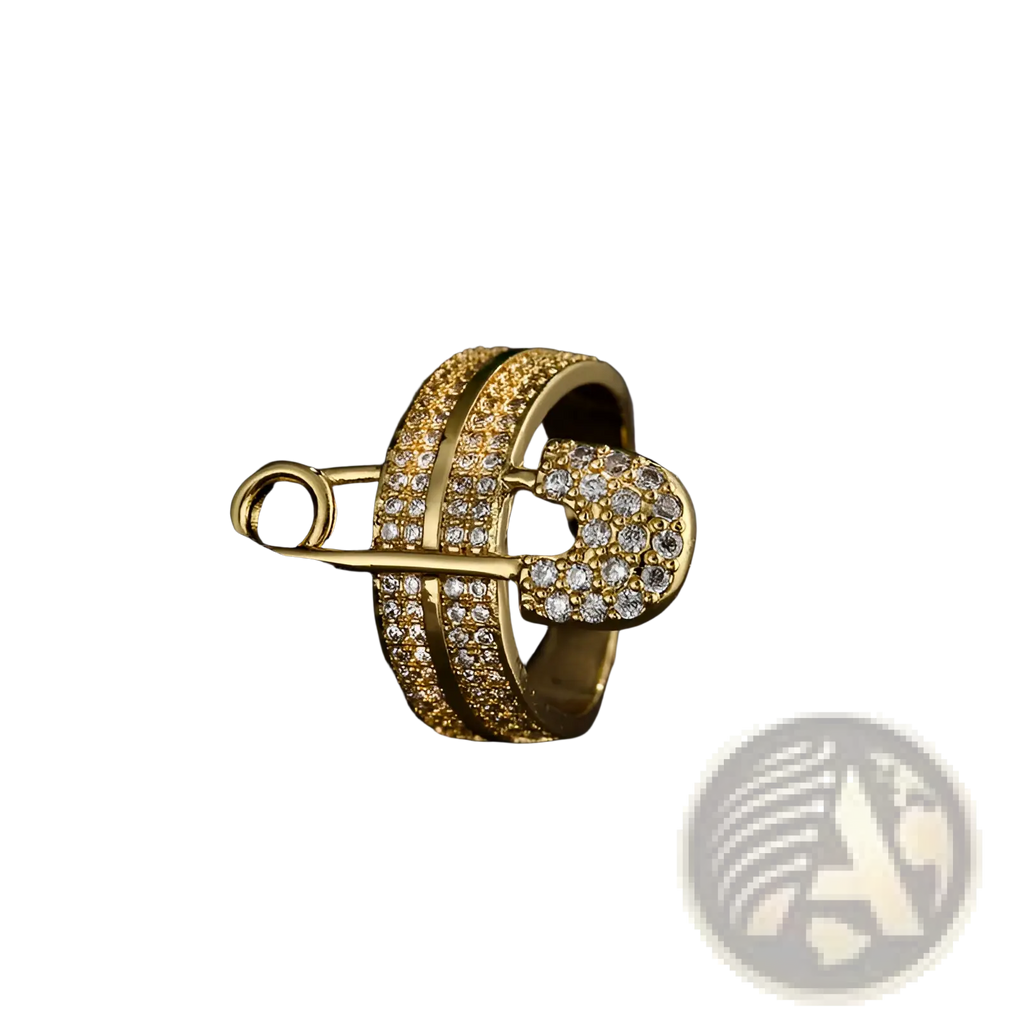 Adjustable gold safety pin ring adorned with clear sparkling cubic zirconia stones in a geometric design