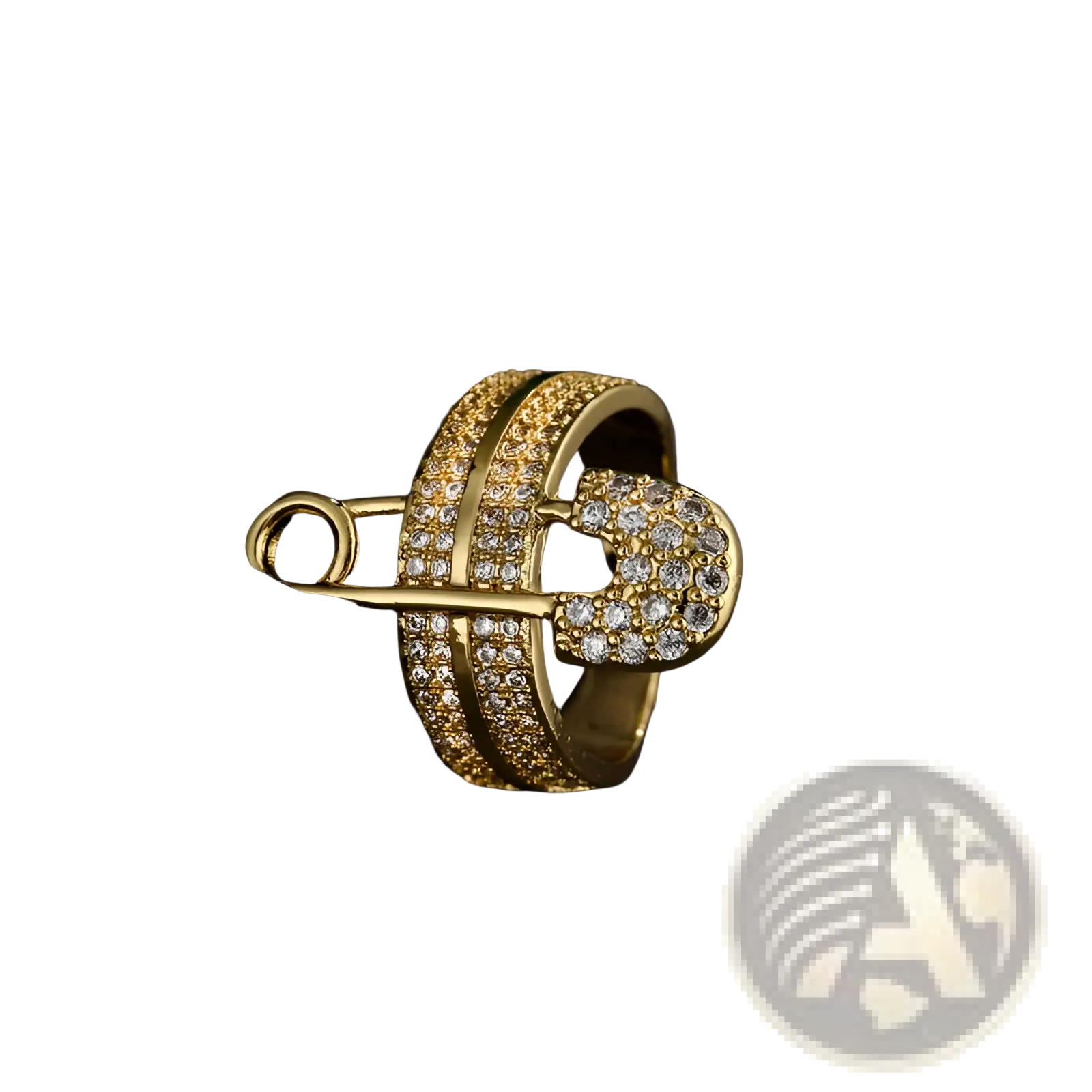 Adjustable gold safety pin ring adorned with clear sparkling cubic zirconia stones in a geometric design