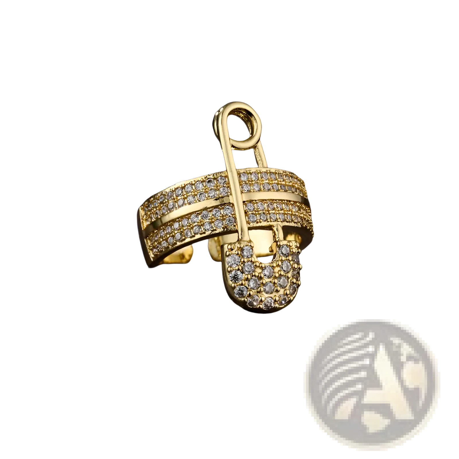 Adjustable gold safety pin ring with rows of clear zircon crystals in a geometric design