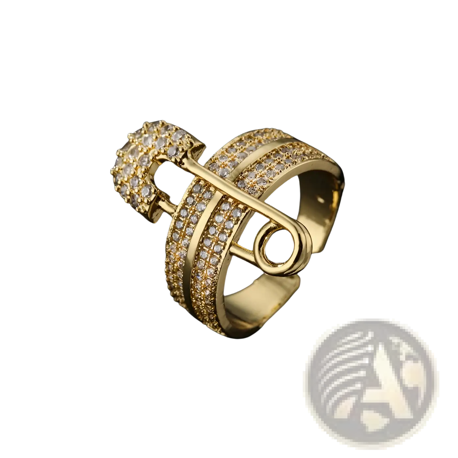 Adjustable gold safety pin zircon ring with bold design and sparkling clear crystals on bands and head