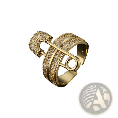 Adjustable gold safety pin zircon ring with bold design and sparkling clear crystals on bands and head