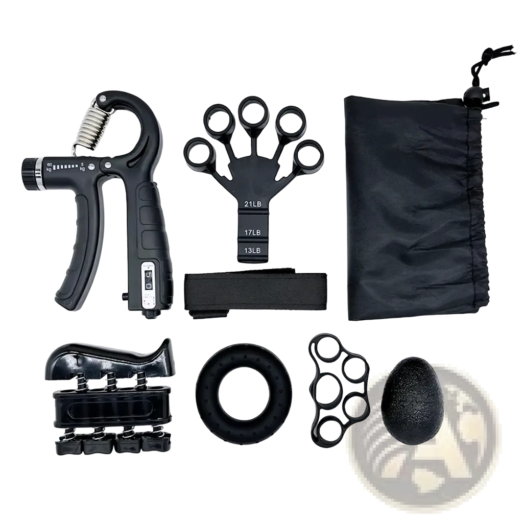 Adjustable grip strength trainer set featuring a black plastic hand grip strengthener with digital display and resistance settings