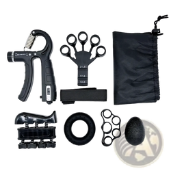 Adjustable grip strength trainer set featuring a black plastic hand grip strengthener with digital display and resistance settings