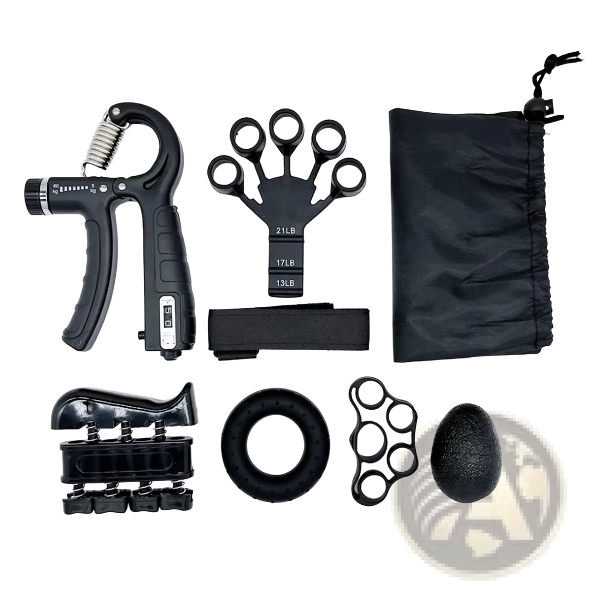 Adjustable grip strength trainer set featuring a black plastic hand grip strengthener with digital display and resistance settings