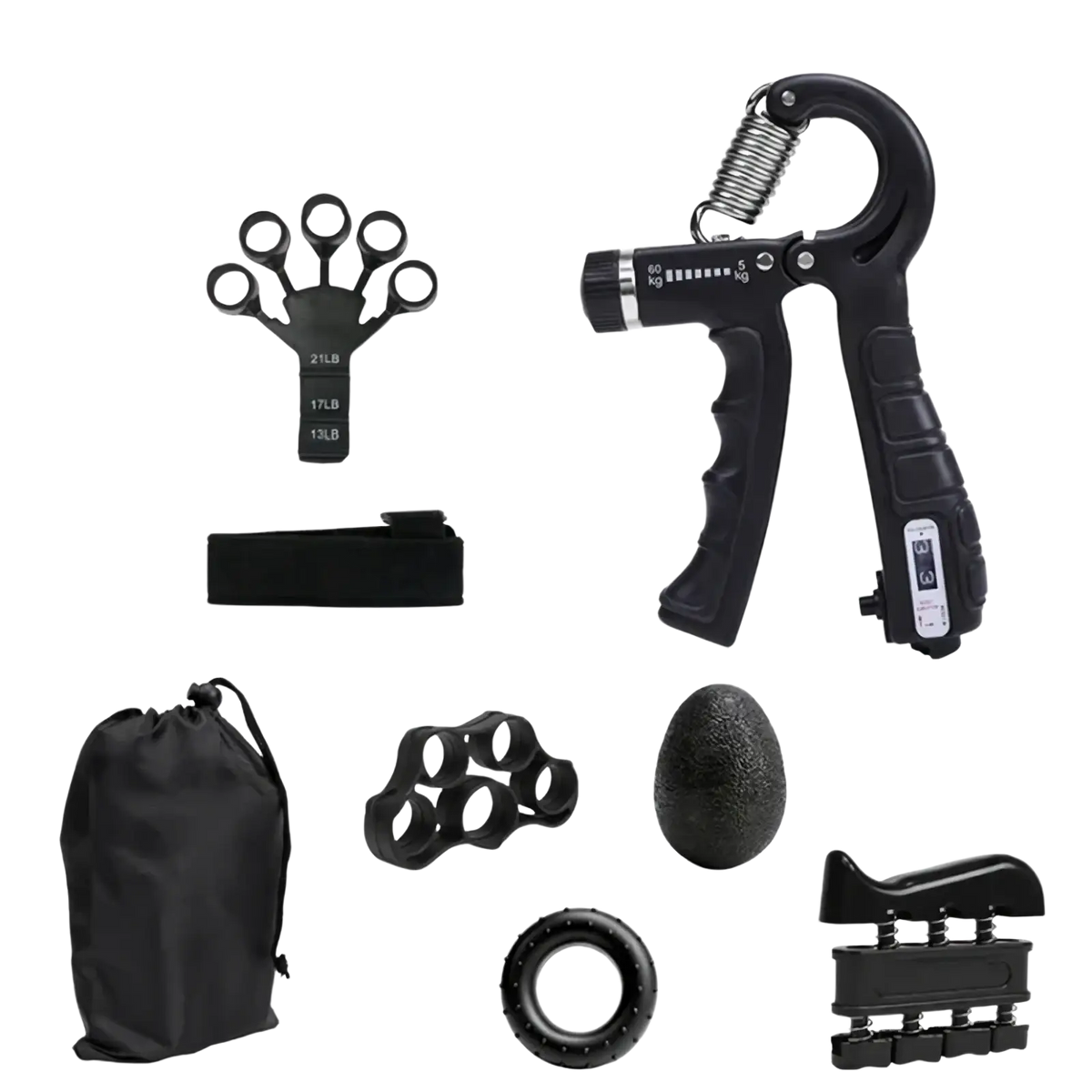 Black adjustable grip strength trainer set with spring mechanism and weight indicators for hand exercise and strength building