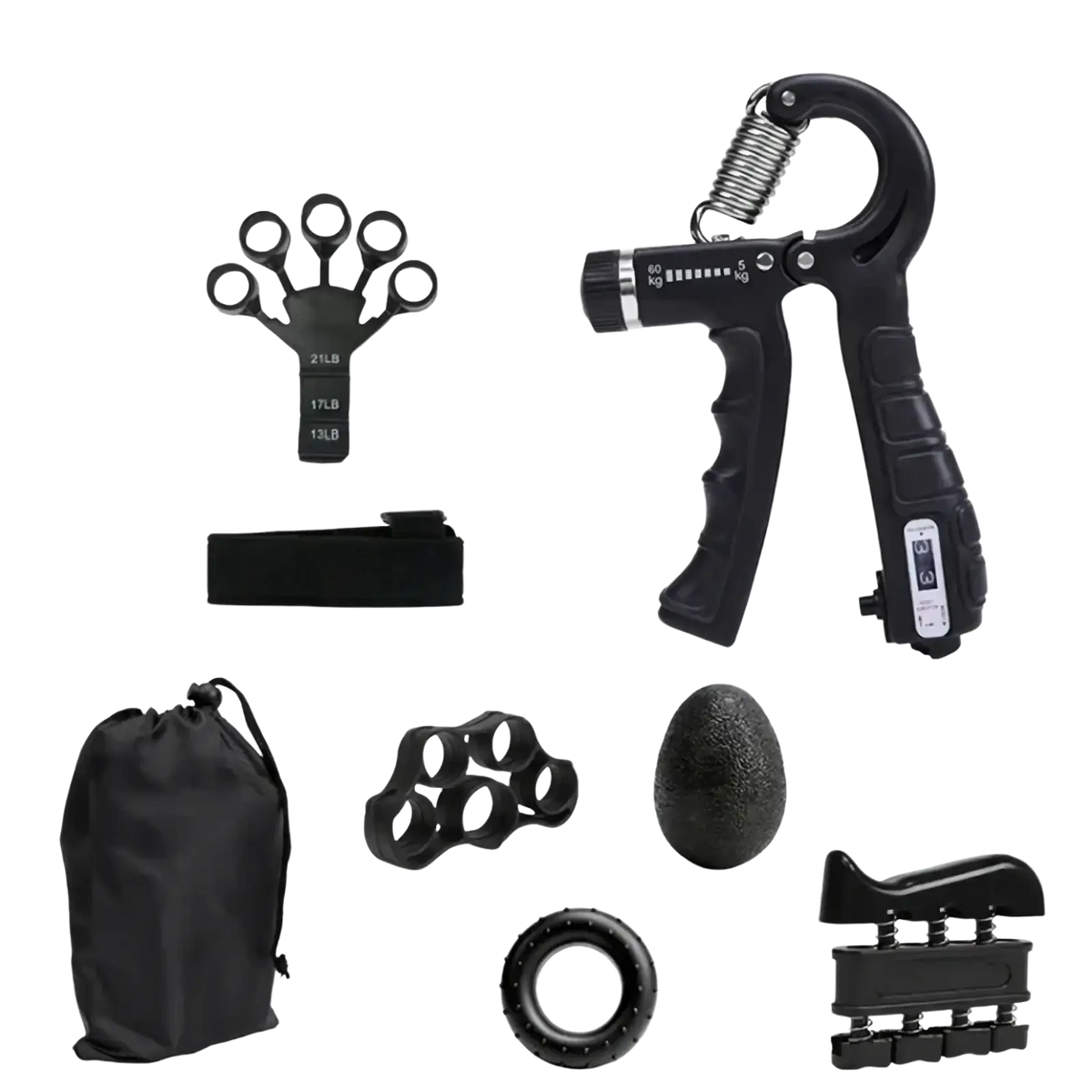 Black adjustable grip strength trainer with spring mechanism for enhanced grip strength and hand exercise