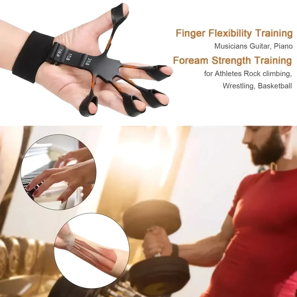 Black adjustable grip strength trainer set with finger flexion bands for musicians and athletes hand exercise