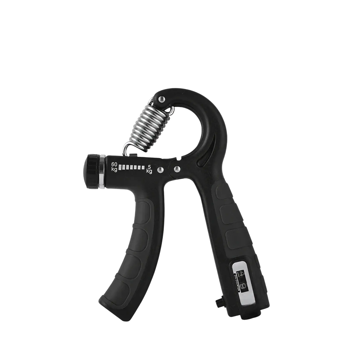 Adjustable grip strength trainer set black plastic with silver spring and resistance settings from 5 to 60 kg