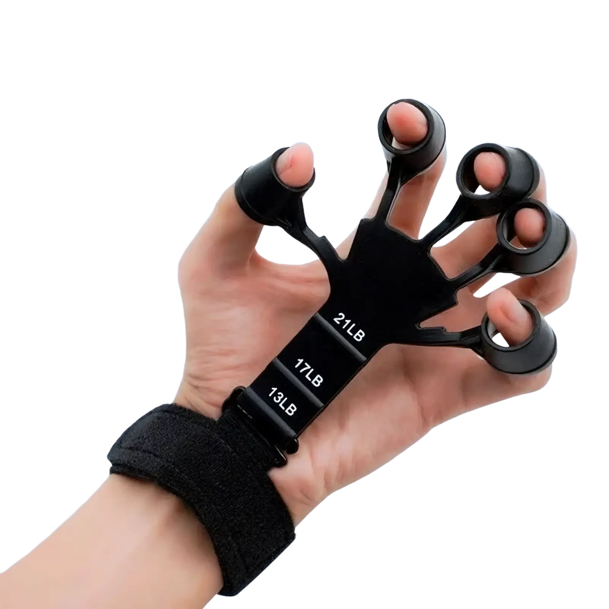 Black plastic adjustable grip strength trainer set with resistance levels 13lb 17lb and 21lb visible on the back side