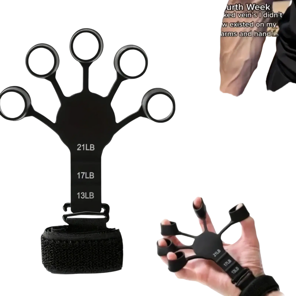 Black plastic adjustable grip strength trainer set with resistance levels 13lb 17lb and 21lb for hand exercise