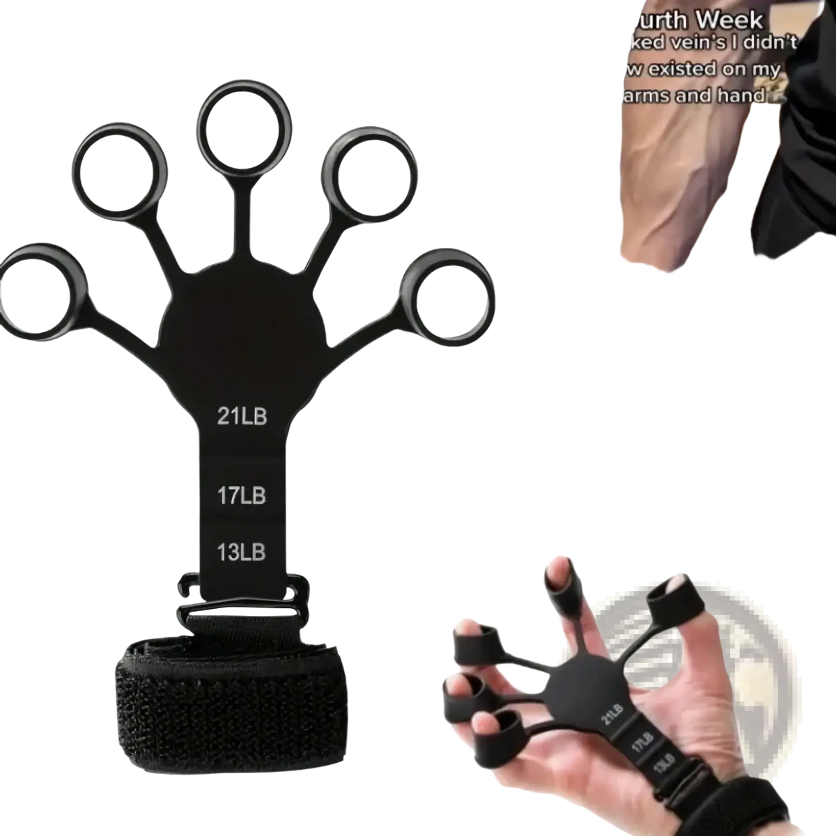 Black plastic adjustable grip strength trainer set with resistance levels 13lb 17lb and 21lb for hand exercise
