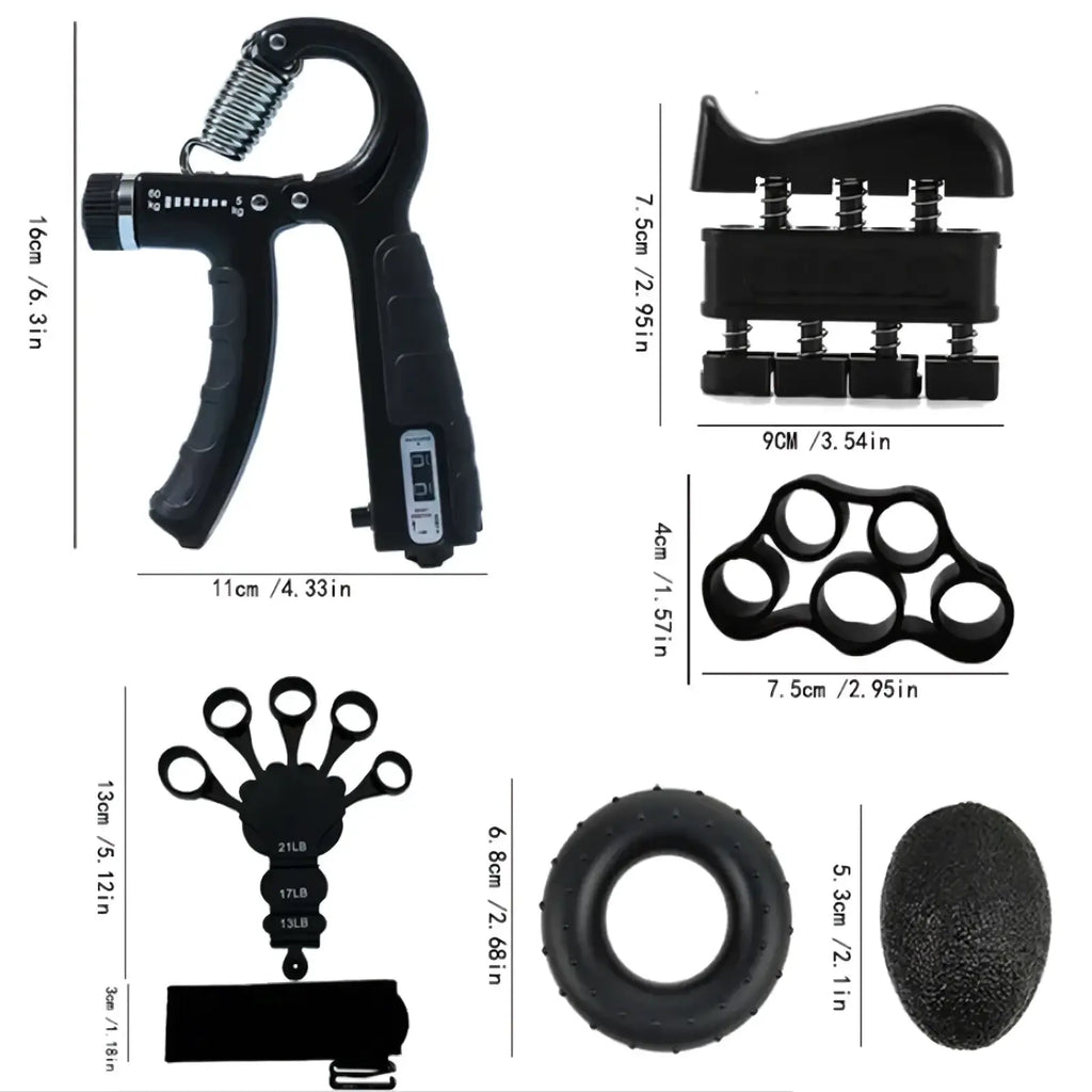 Black plastic adjustable grip strength trainer set with textured grips for strength training and variable resistance levels