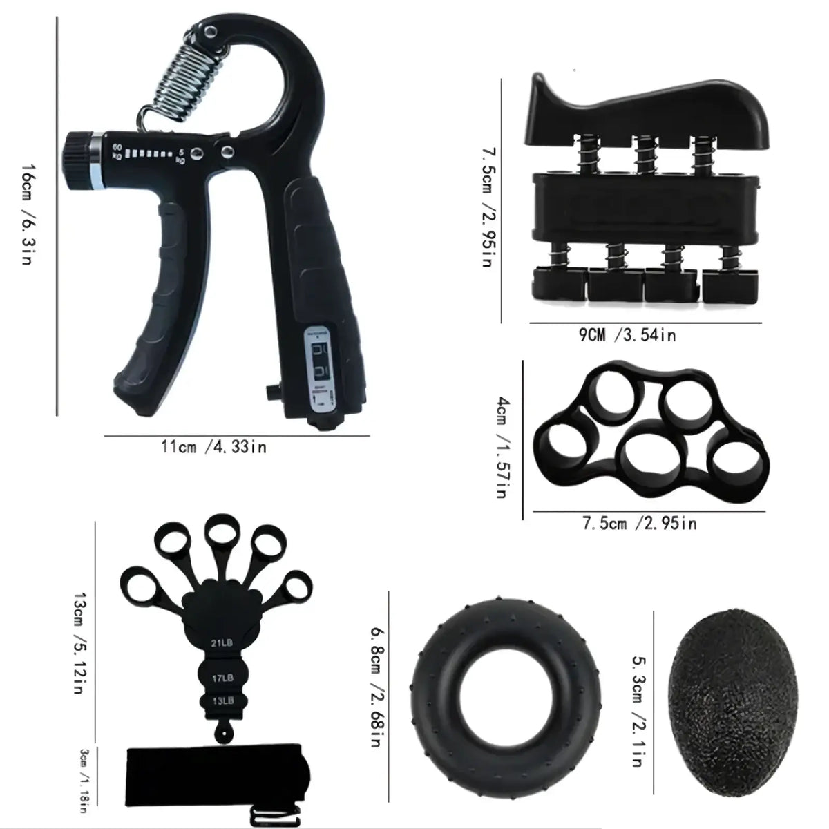 Black plastic adjustable grip strength trainer set with textured grips for strength training and variable resistance levels